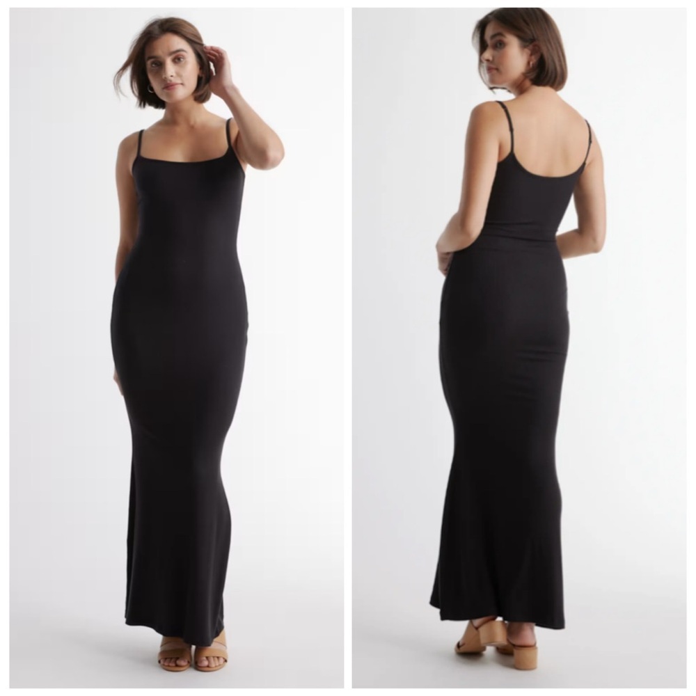 NEW Quince Tencel Ribbed Maxi Dress Black Spaghetti Strap Fitted Minimalist S